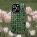 Green Mosaic iPhone Case, Glossy Tile Pattern Phone Cover with Deep Emerald Tones, Slim Protective Case, Modern Aesthetic Phone Accessory