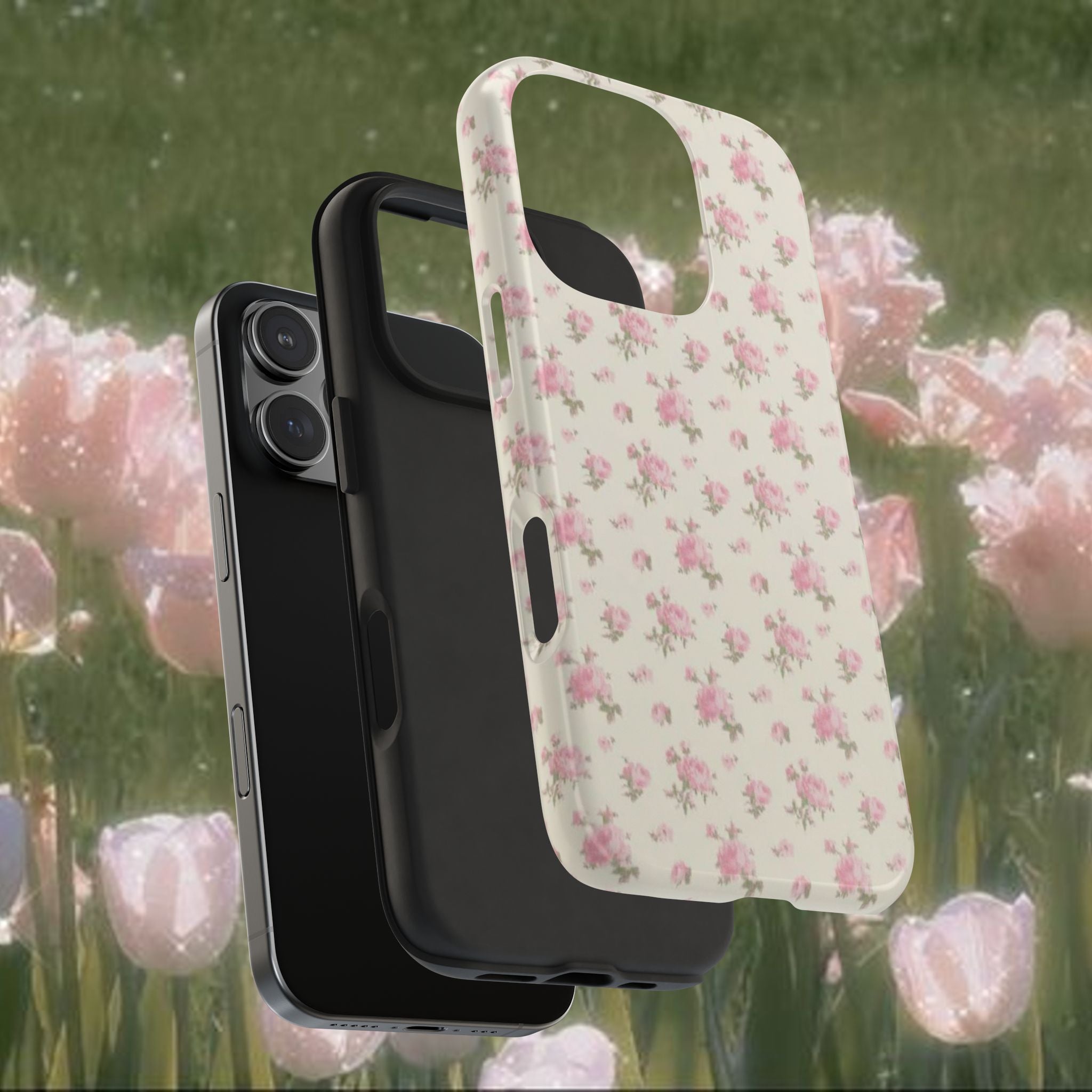 Pink Rose Floral iPhone Case, Vintage Coquette Flower Phone Cover with Soft Cream Background, Slim Protective Glossy Case, Romantic Aesthetic Phone Accessory