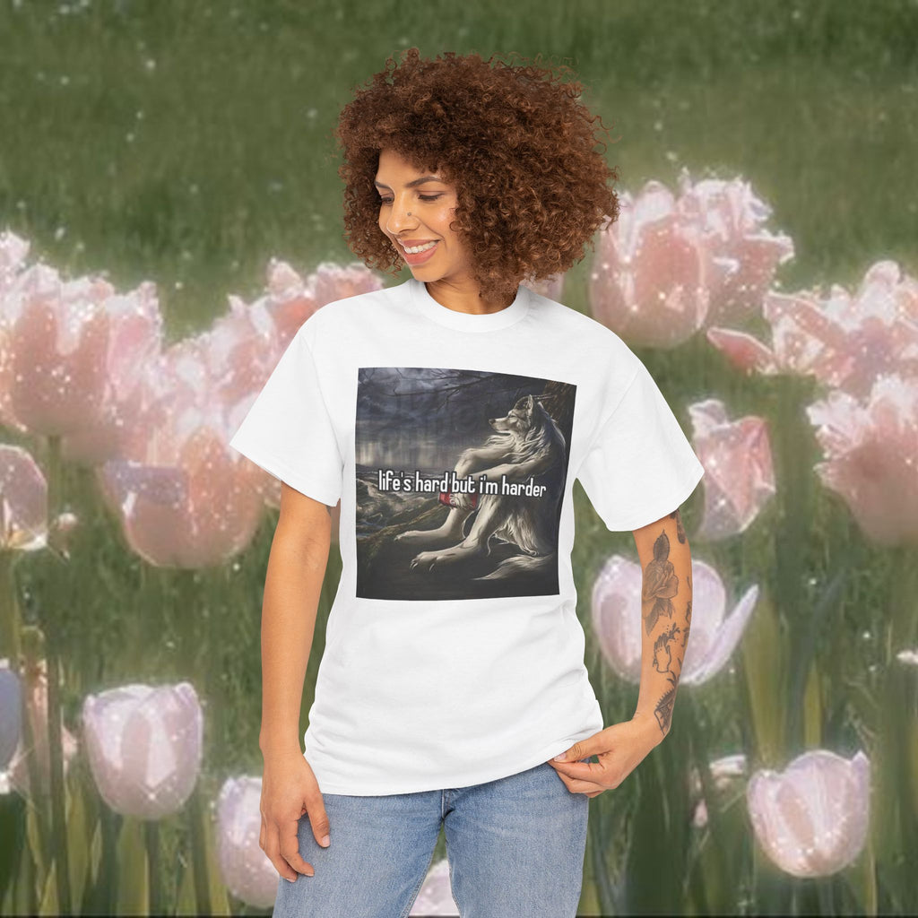 Life’s Hard But I’m Harder Meme T-Shirt – Funny Wolf Graphic Tee, Dark Internet Humor Shirt, Unhinged Coquette Aesthetic Unisex Top