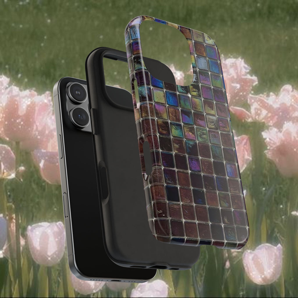 Iridescent Mosaic iPhone Case, Colorful Tile Pattern Phone Cover with Glossy Finish, Slim Protective Case, Modern Aesthetic Phone Accessory