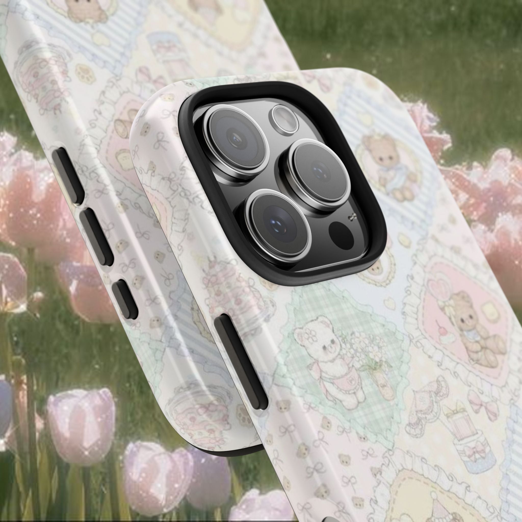 Pastel Teddy Bear iPhone Case – Cute Kawaii Patchwork Aesthetic Phone Cover, Soft Vintage Toy Pattern Protective Case