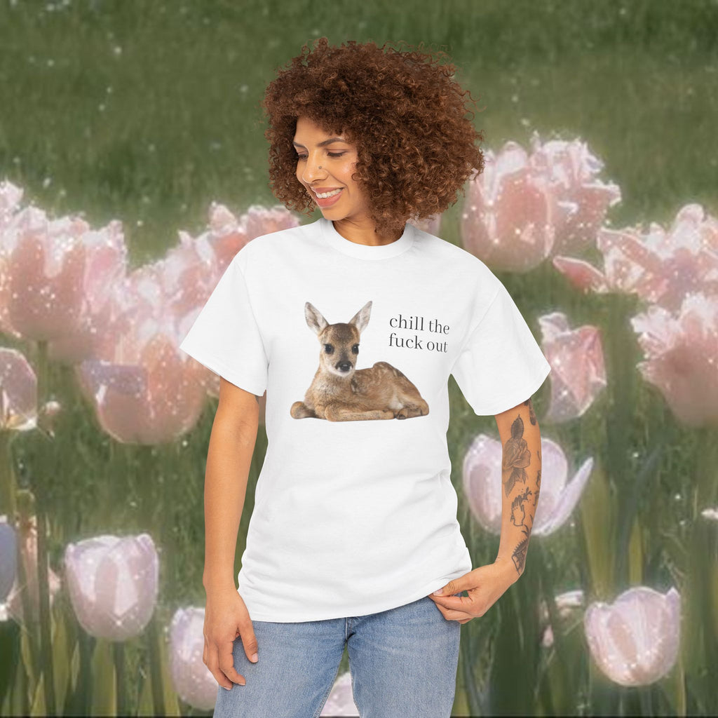Chill the F*ck Out Deer T-Shirt – Funny Animal Graphic Tee, Sarcastic Coquette Meme Shirt, Soft Cotton Unisex Casual Top
