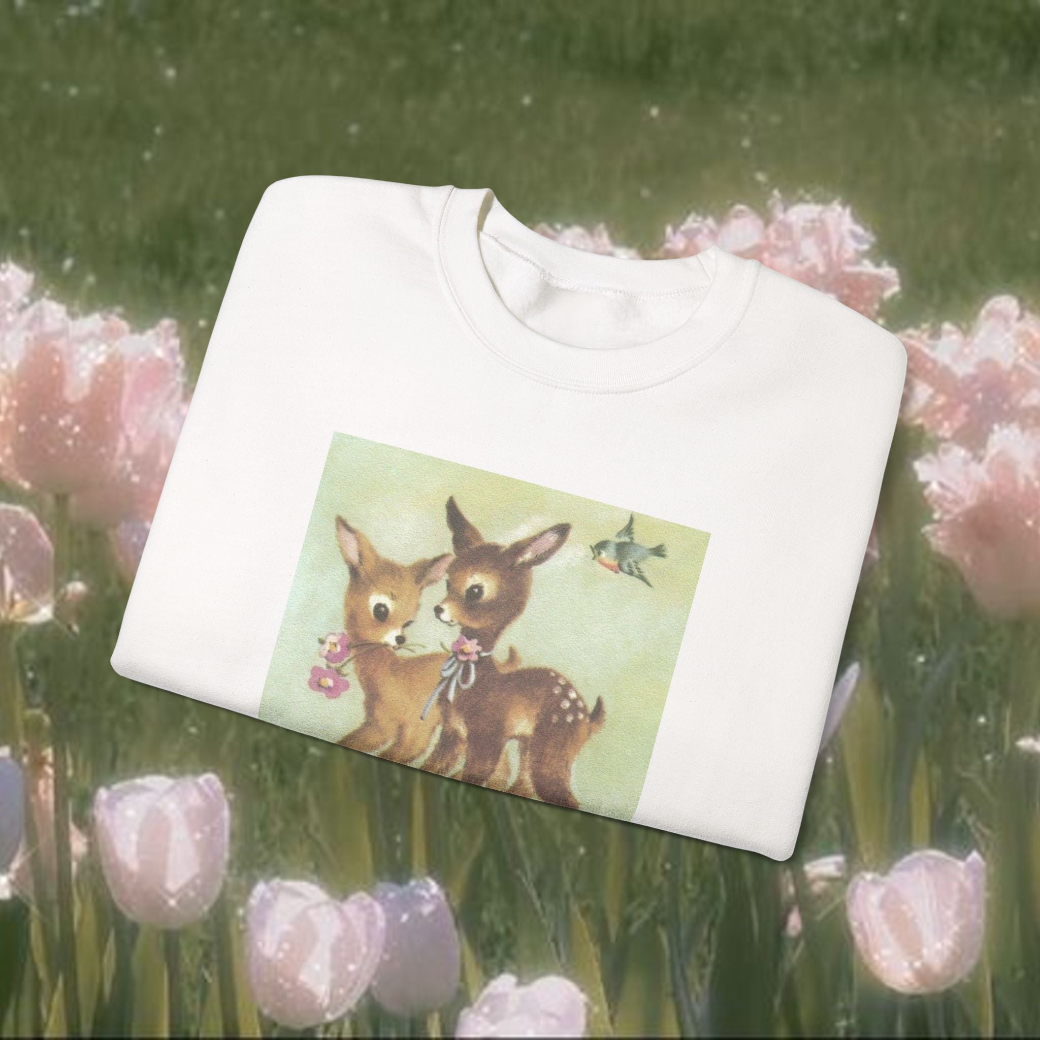 Vintage Deer Illustration Crewneck Sweatshirt – Cozy Cottagecore Forest Animal Pullover, Soft Aesthetic Nature Art Sweater