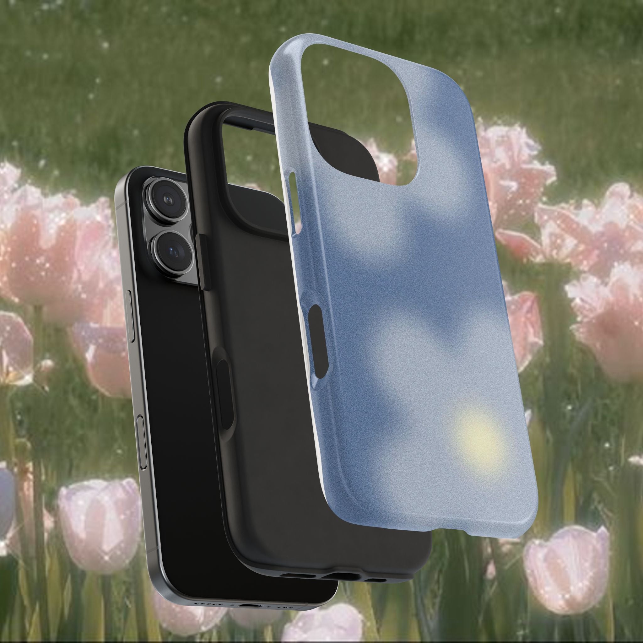 Dreamy Blue Aesthetic iPhone Case, Soft Blurred Floral Phone Cover with Minimalist Gradient Design, Slim Protective Glossy Case, Calm Modern Phone Accessory