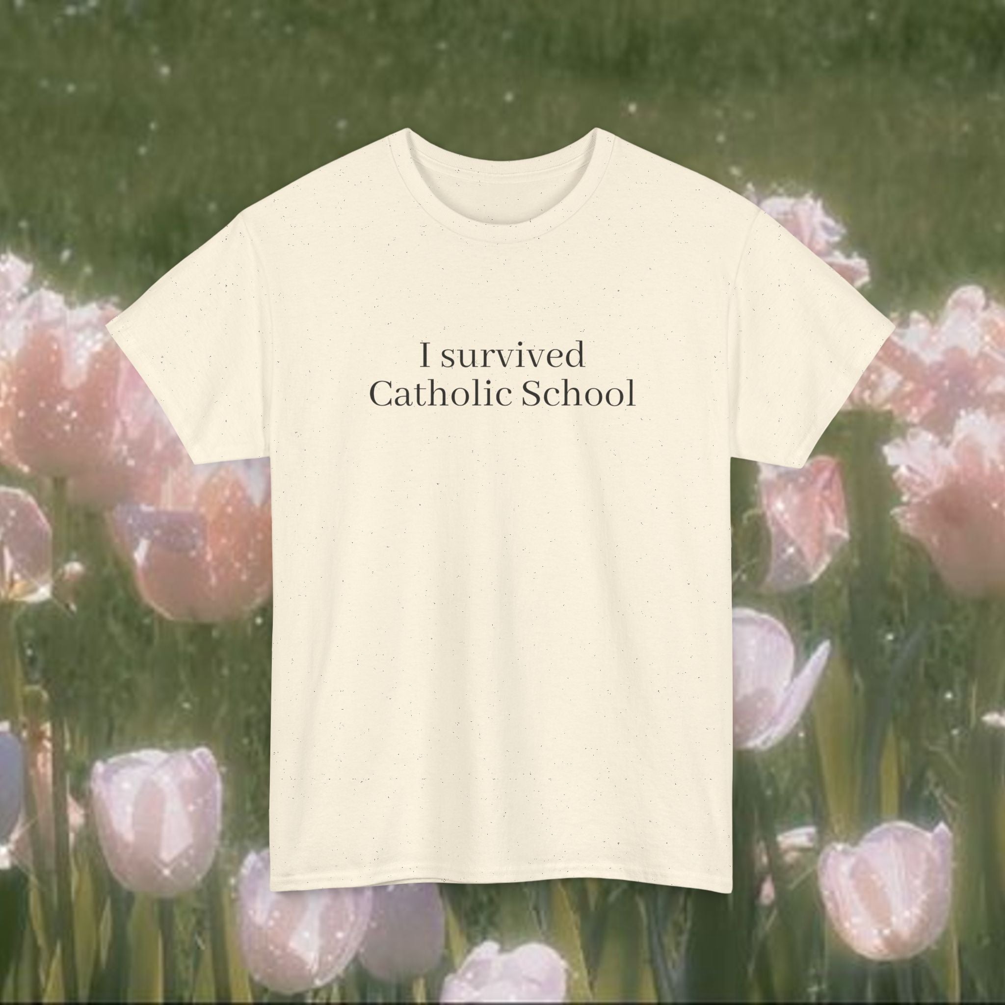 I Survived Catholic School T-Shirt | Funny Minimal Text Tee | Unisex 100% Cotton Graphic Shirt