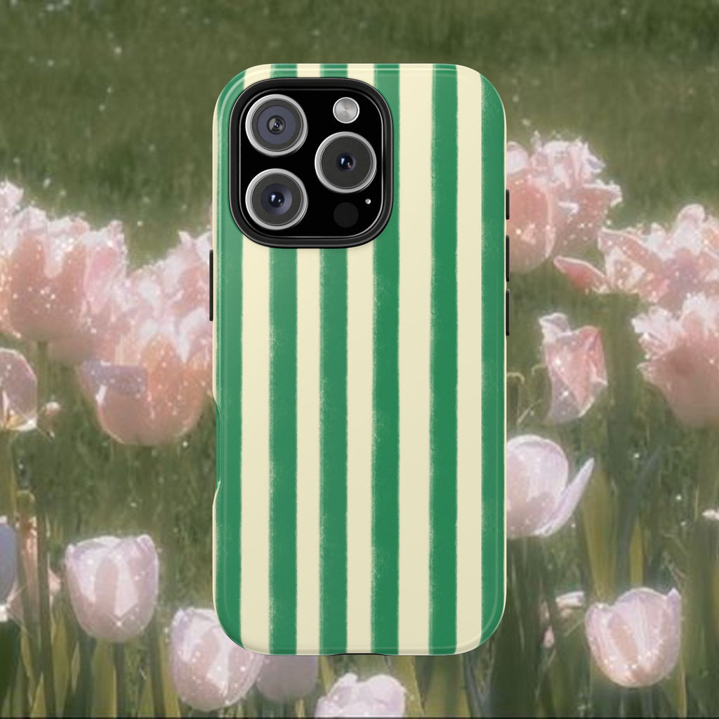 Green Striped iPhone Case, Cute Aesthetic Phone Cover with Vintage Style Stripes, Slim Protective Glossy Case for Everyday Use, Minimalist Trendy Phone Accessory