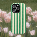 Green Striped iPhone Case, Cute Aesthetic Phone Cover with Vintage Style Stripes, Slim Protective Glossy Case for Everyday Use, Minimalist Trendy Phone Accessory