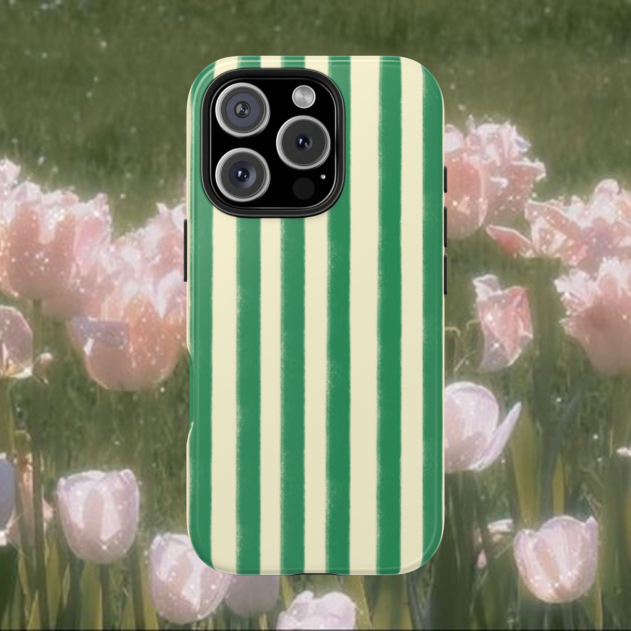 Green Striped iPhone Case, Cute Aesthetic Phone Cover with Vintage Style Stripes, Slim Protective Glossy Case for Everyday Use, Minimalist Trendy Phone Accessory