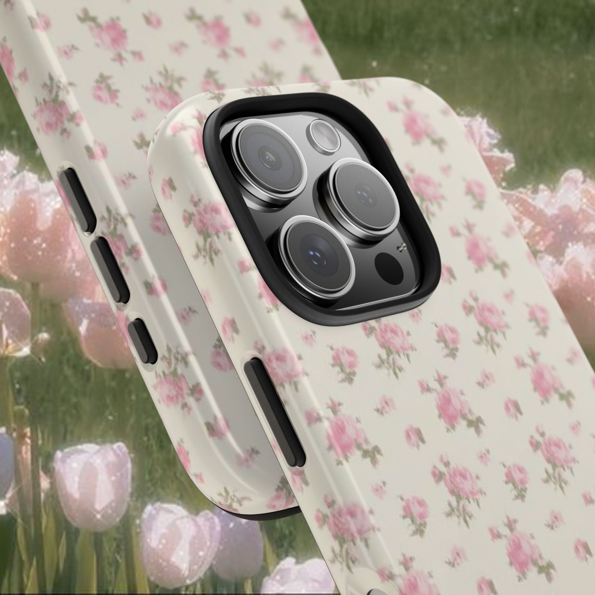 Pink Rose Floral iPhone Case, Vintage Coquette Flower Phone Cover with Soft Cream Background, Slim Protective Glossy Case, Romantic Aesthetic Phone Accessory