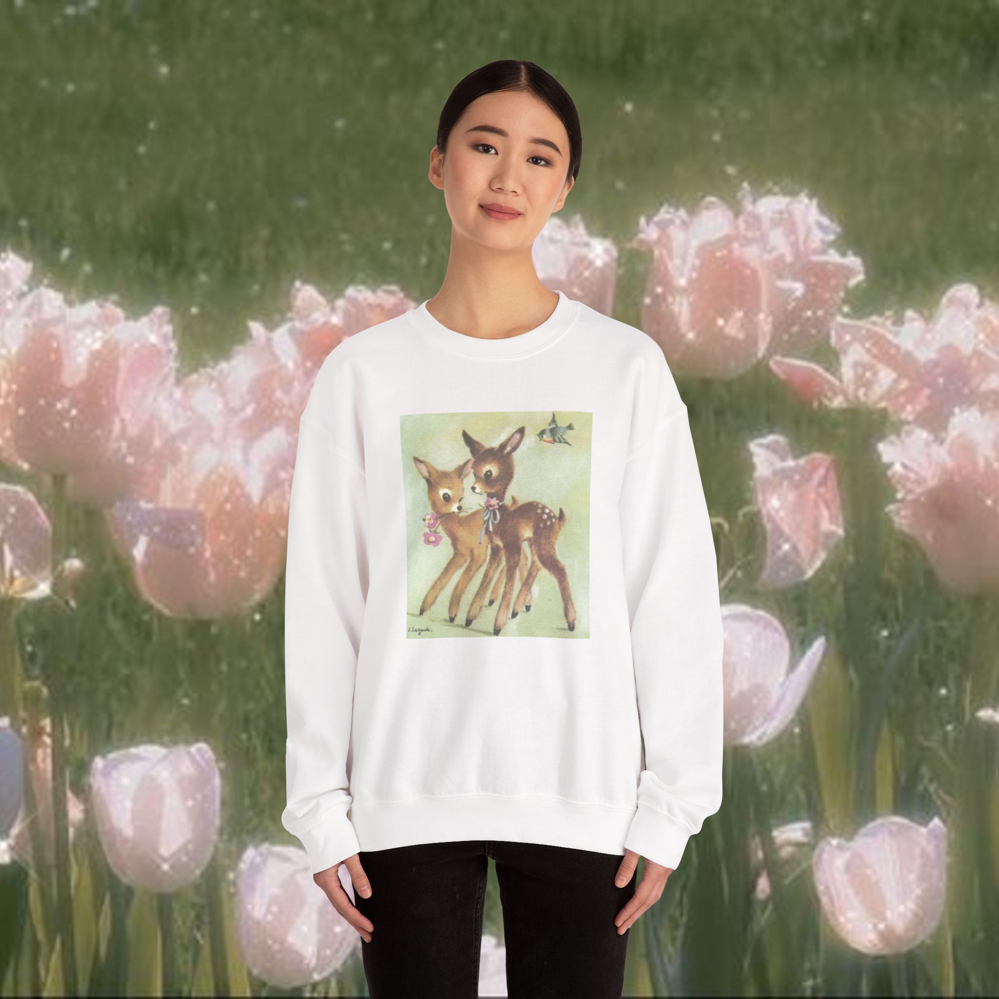 Vintage Deer Illustration Crewneck Sweatshirt – Cozy Cottagecore Forest Animal Pullover, Soft Aesthetic Nature Art Sweater