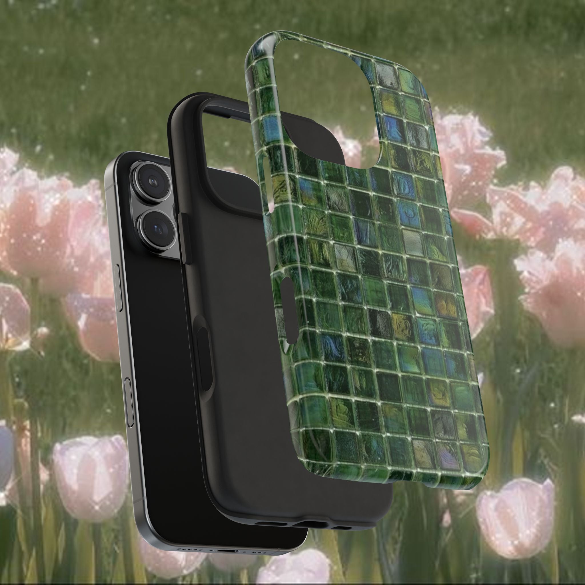 Green Mosaic iPhone Case, Glossy Tile Pattern Phone Cover with Deep Emerald Tones, Slim Protective Case, Modern Aesthetic Phone Accessory