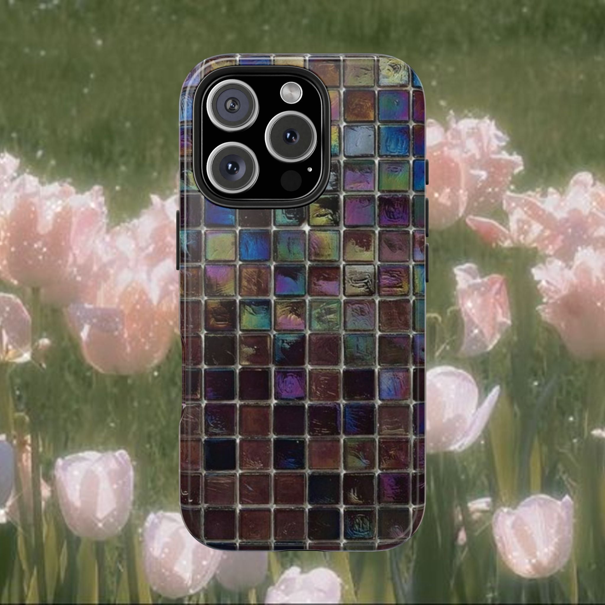 Iridescent Mosaic iPhone Case, Colorful Tile Pattern Phone Cover with Glossy Finish, Slim Protective Case, Modern Aesthetic Phone Accessory