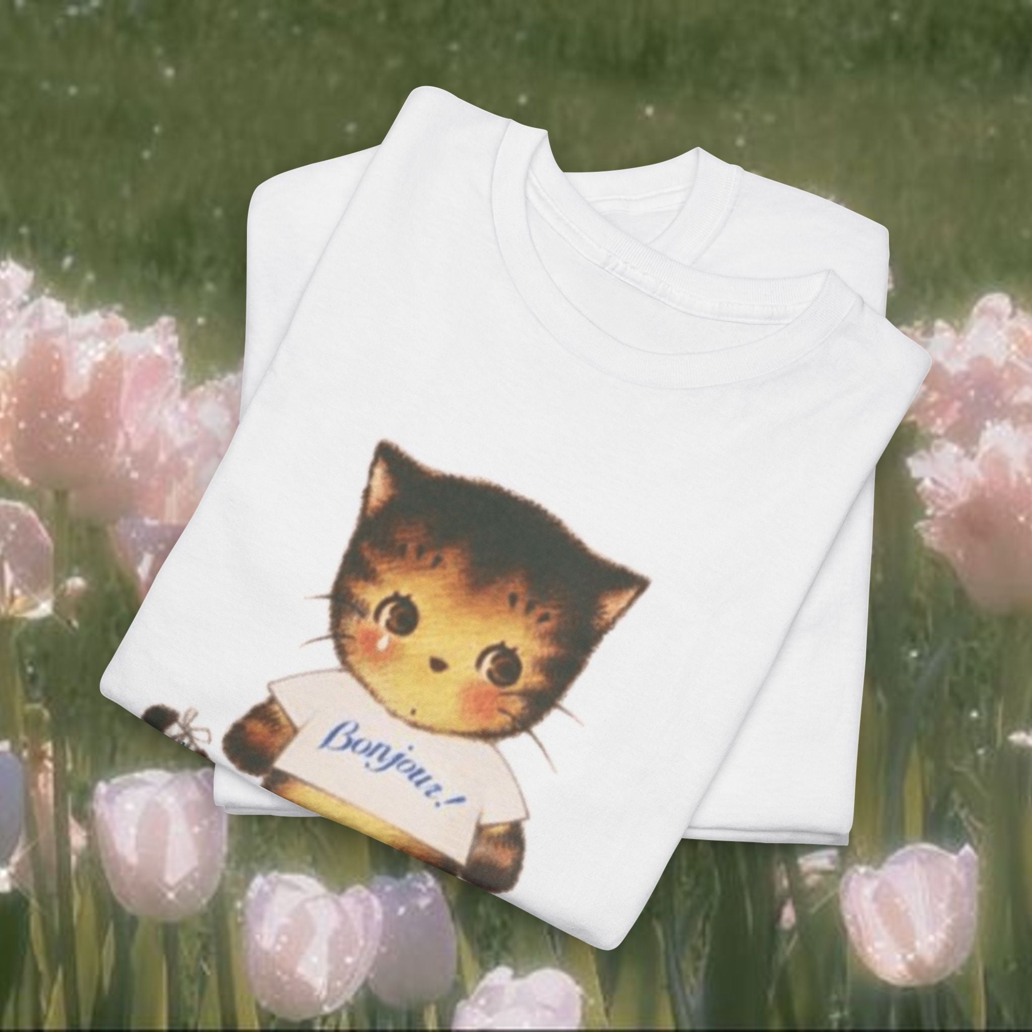 Cute Cat Graphic T Shirt, Bonjour French Inspired Cat Tee, Aesthetic Vintage Style Animal Shirt, 100% Cotton Casual Top, Gift for Cat Lovers