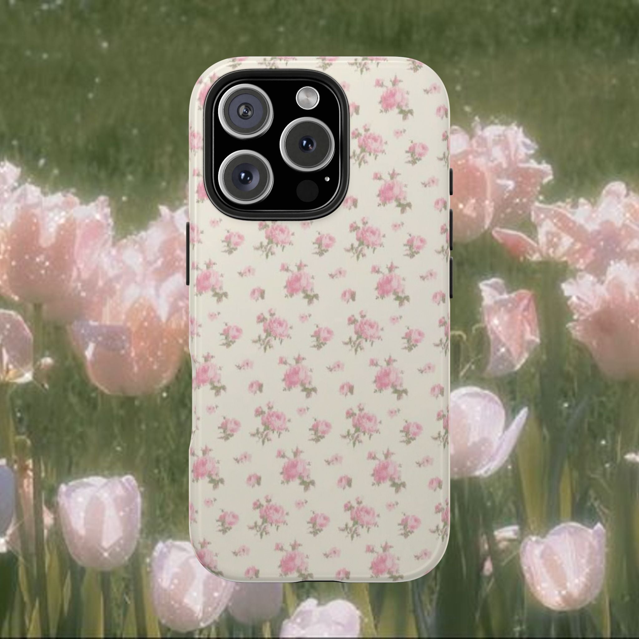 Pink Rose Floral iPhone Case, Vintage Coquette Flower Phone Cover with Soft Cream Background, Slim Protective Glossy Case, Romantic Aesthetic Phone Accessory