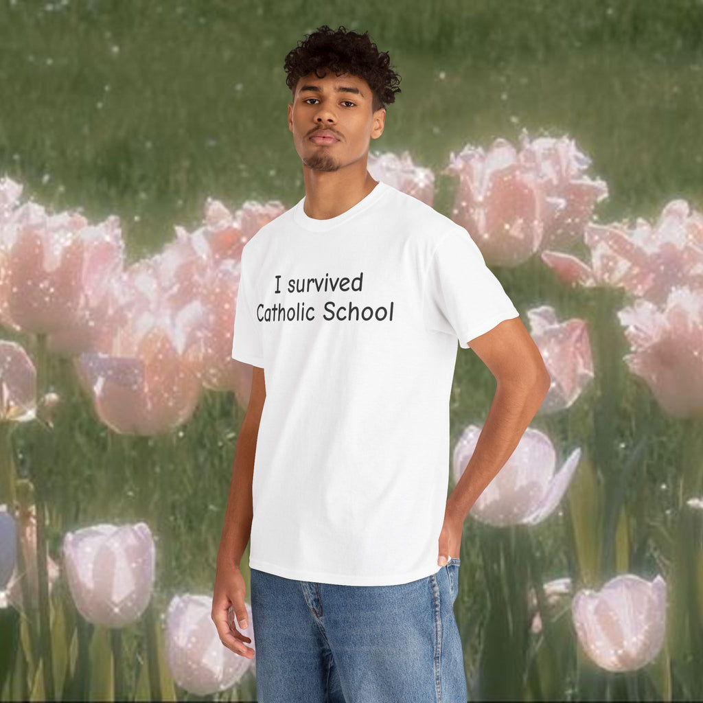 I Survived Catholic School T-Shirt | Funny Minimal Text Tee | Unisex 100% Cotton Graphic Shirt