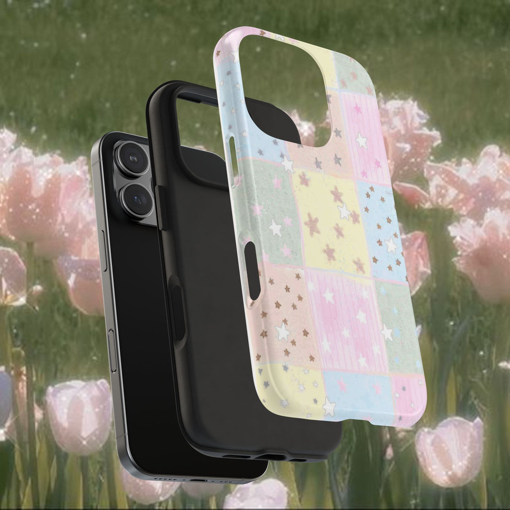 Pastel Star Patchwork iPhone Case, Cute Dreamy Quilt Style Phone Cover with Soft Rainbow Squares, Slim Protective Glossy Case, Cozy Aesthetic Phone Accessory