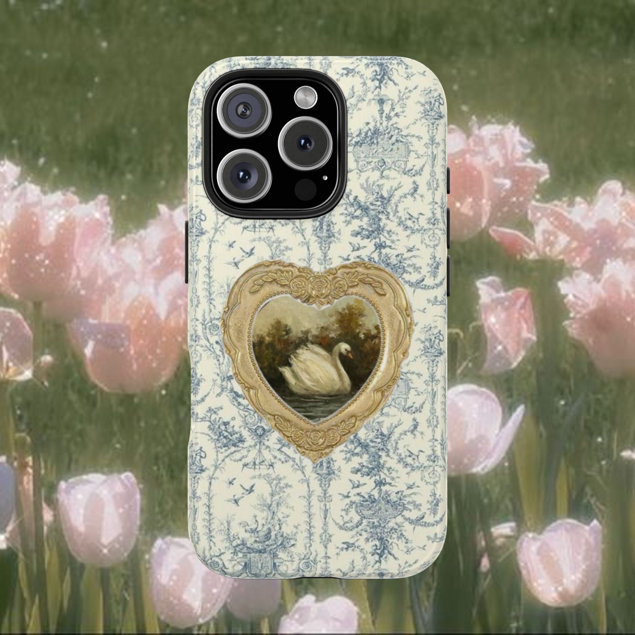 Vintage Swan Heart iPhone Case – Romantic Toile Floral Aesthetic Phone Cover, Cottagecore Blue Porcelain Style Protective Case