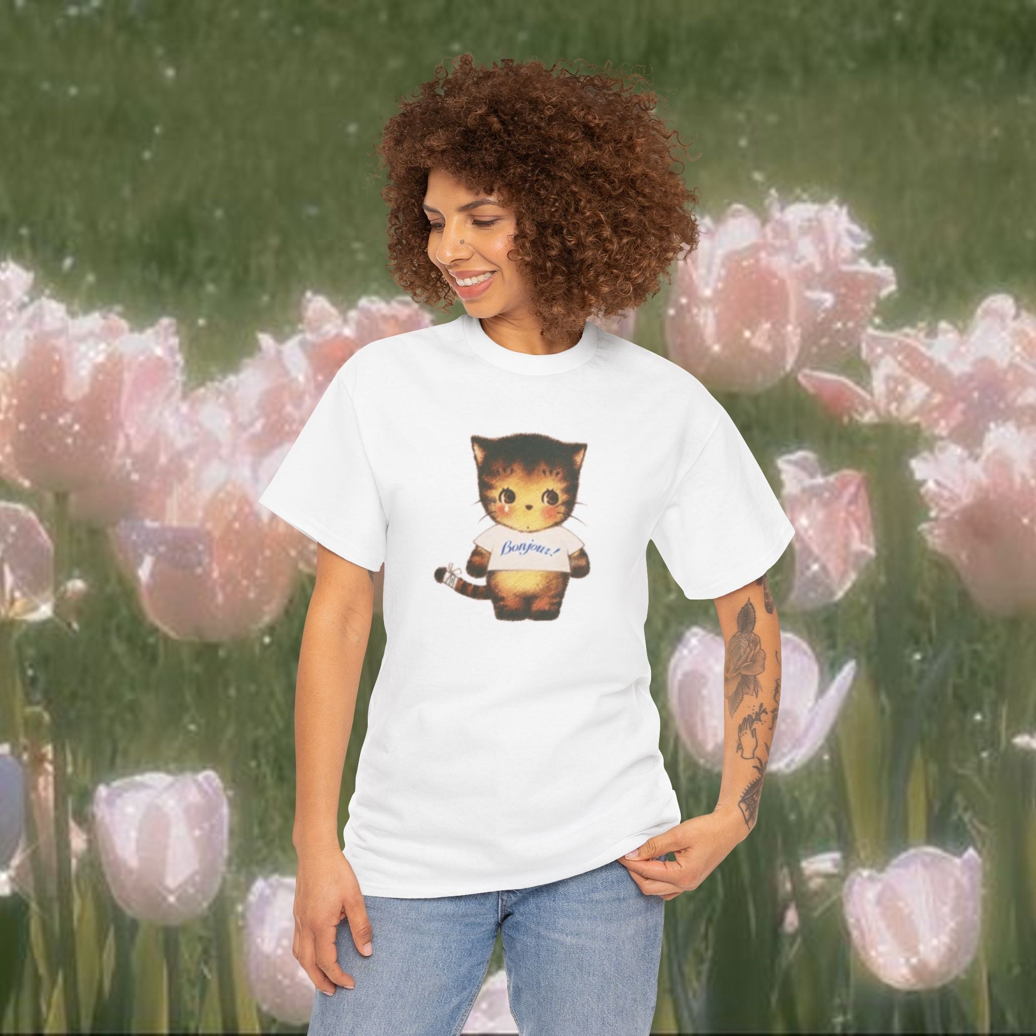 Cute Cat Graphic T Shirt, Bonjour French Inspired Cat Tee, Aesthetic Vintage Style Animal Shirt, 100% Cotton Casual Top, Gift for Cat Lovers