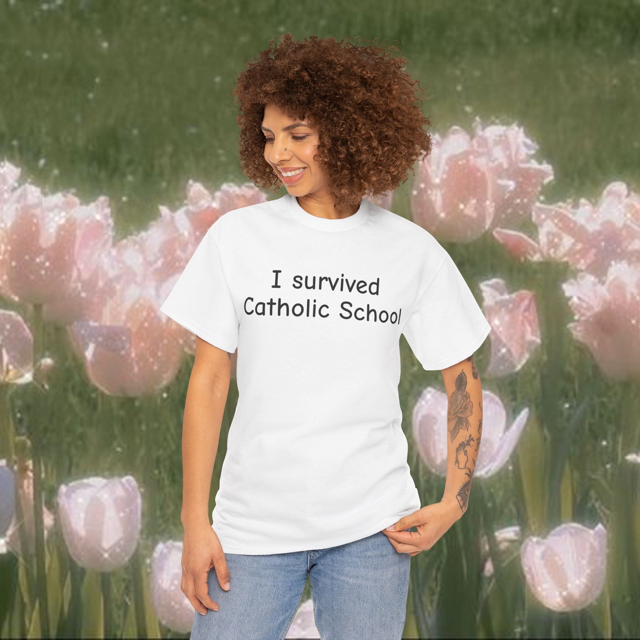 I Survived Catholic School T-Shirt | Funny Minimal Text Tee | Unisex 100% Cotton Graphic Shirt