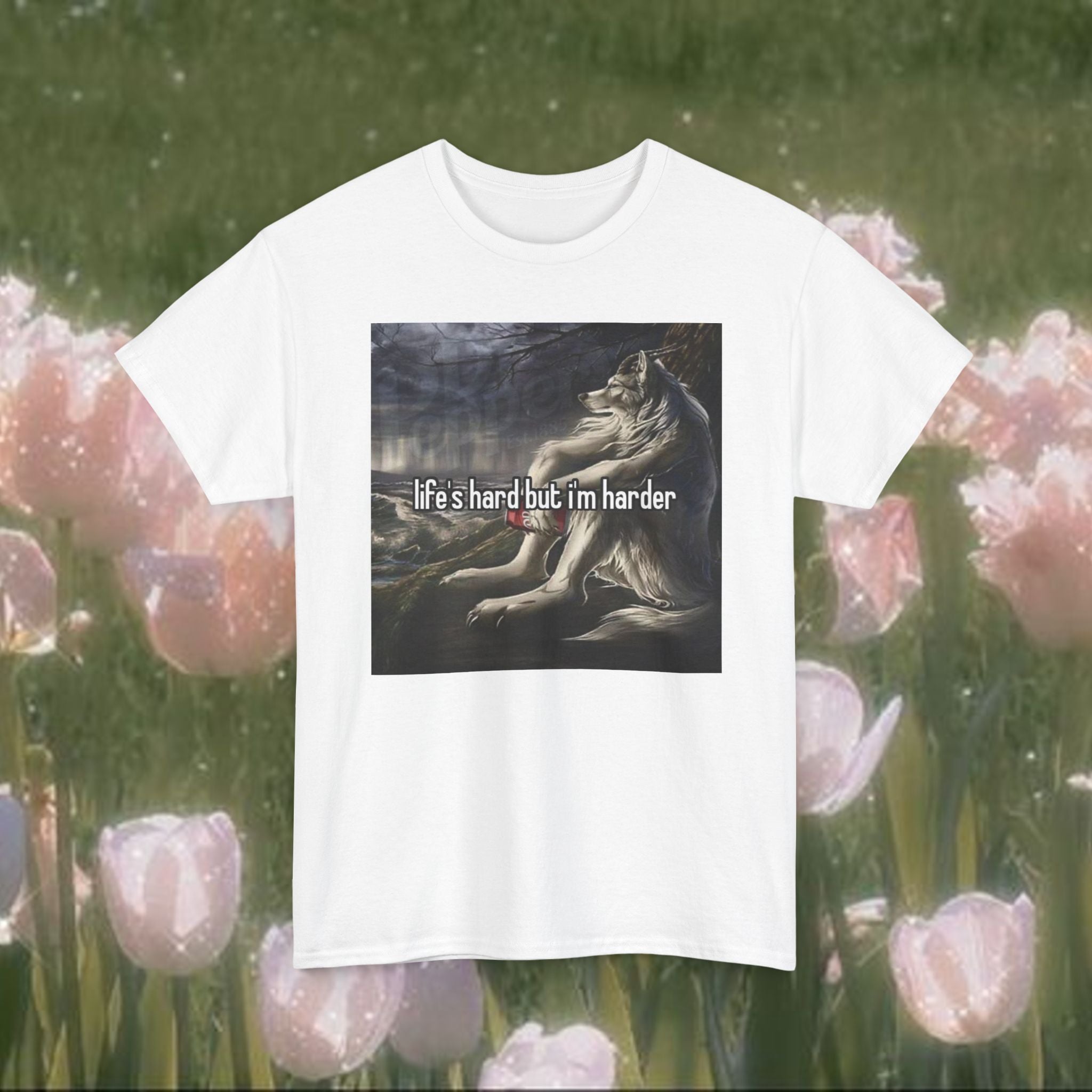 Life’s Hard But I’m Harder Meme T-Shirt – Funny Wolf Graphic Tee, Dark Internet Humor Shirt, Unhinged Coquette Aesthetic Unisex Top