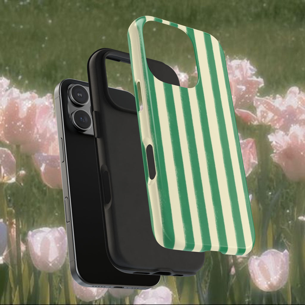 Green Striped iPhone Case, Cute Aesthetic Phone Cover with Vintage Style Stripes, Slim Protective Glossy Case for Everyday Use, Minimalist Trendy Phone Accessory
