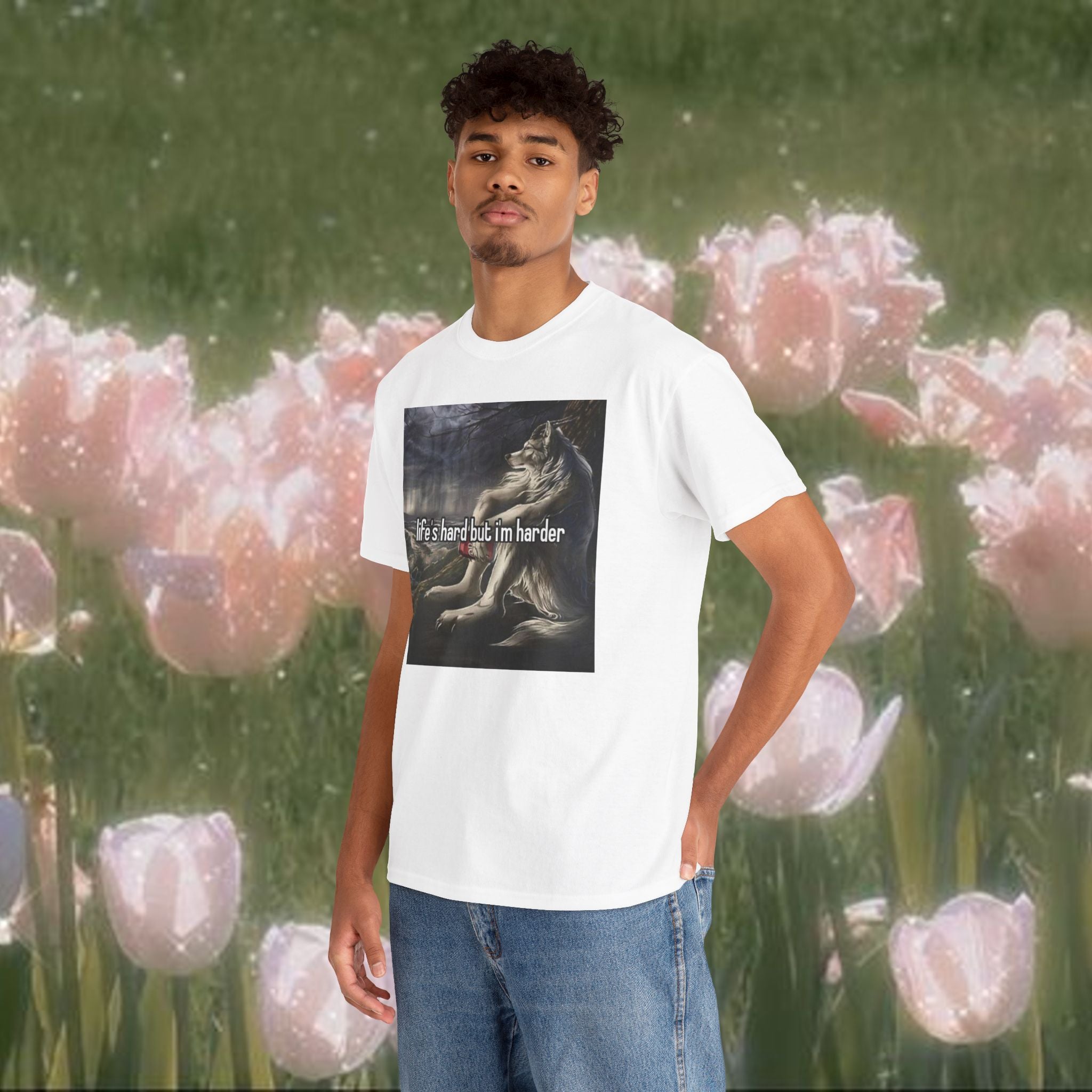 Life’s Hard But I’m Harder Meme T-Shirt – Funny Wolf Graphic Tee, Dark Internet Humor Shirt, Unhinged Coquette Aesthetic Unisex Top
