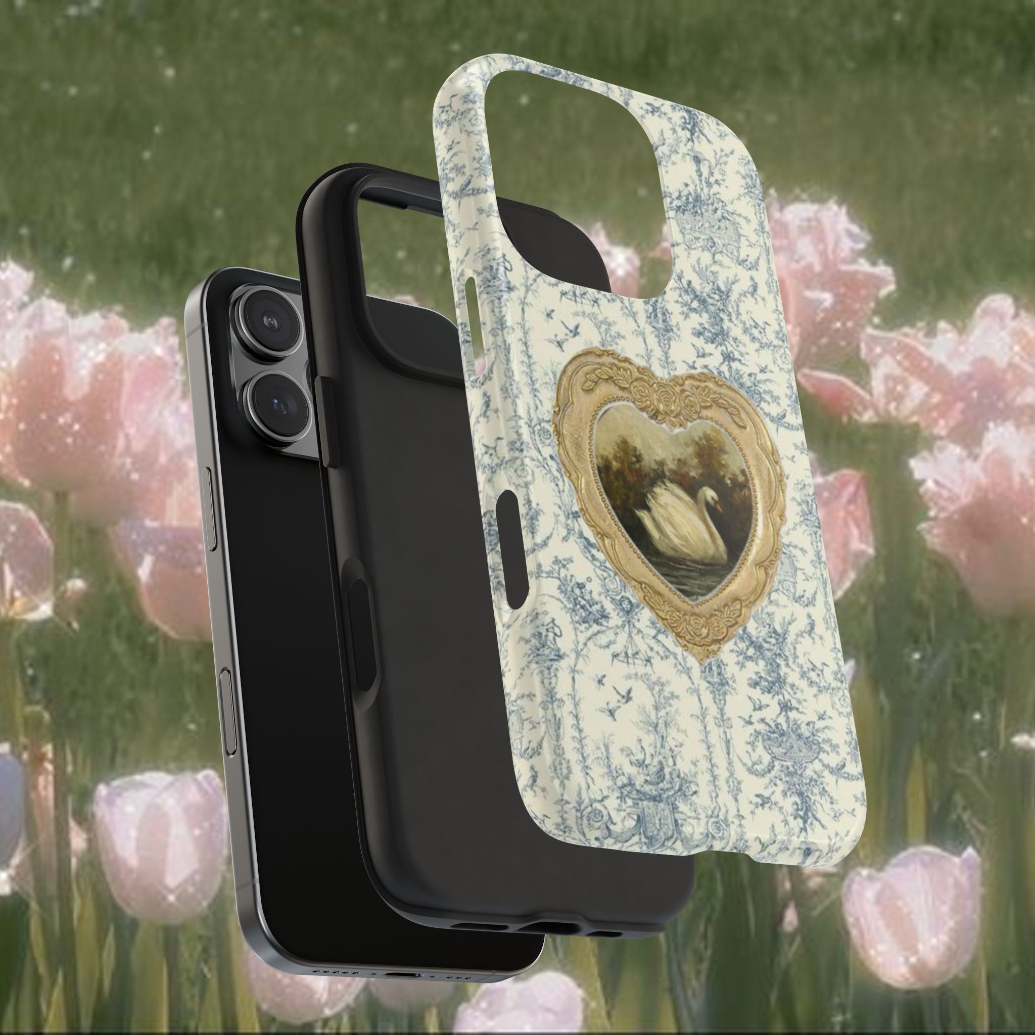 Vintage Swan Heart iPhone Case – Romantic Toile Floral Aesthetic Phone Cover, Cottagecore Blue Porcelain Style Protective Case