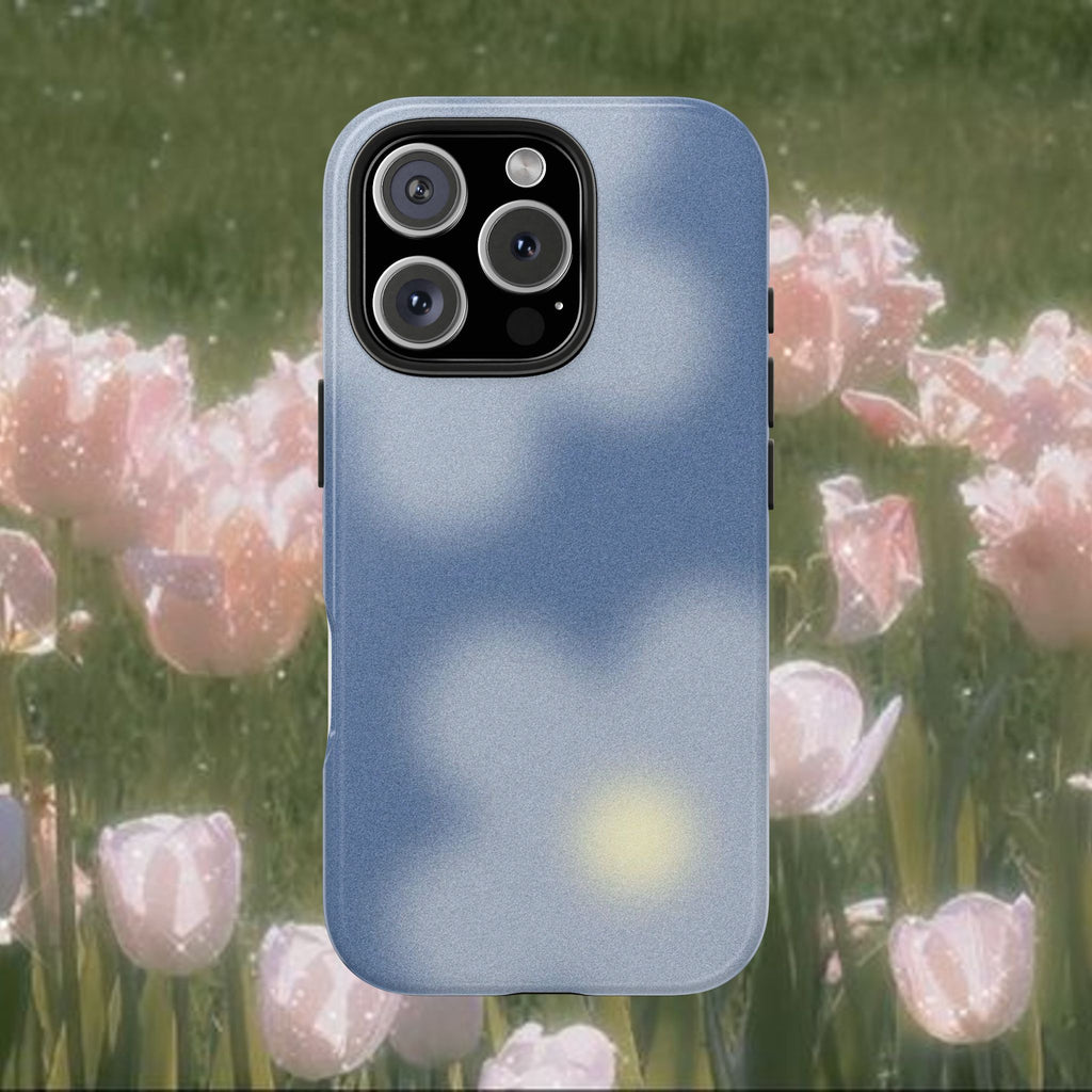 Dreamy Blue Aesthetic iPhone Case, Soft Blurred Floral Phone Cover with Minimalist Gradient Design, Slim Protective Glossy Case, Calm Modern Phone Accessory