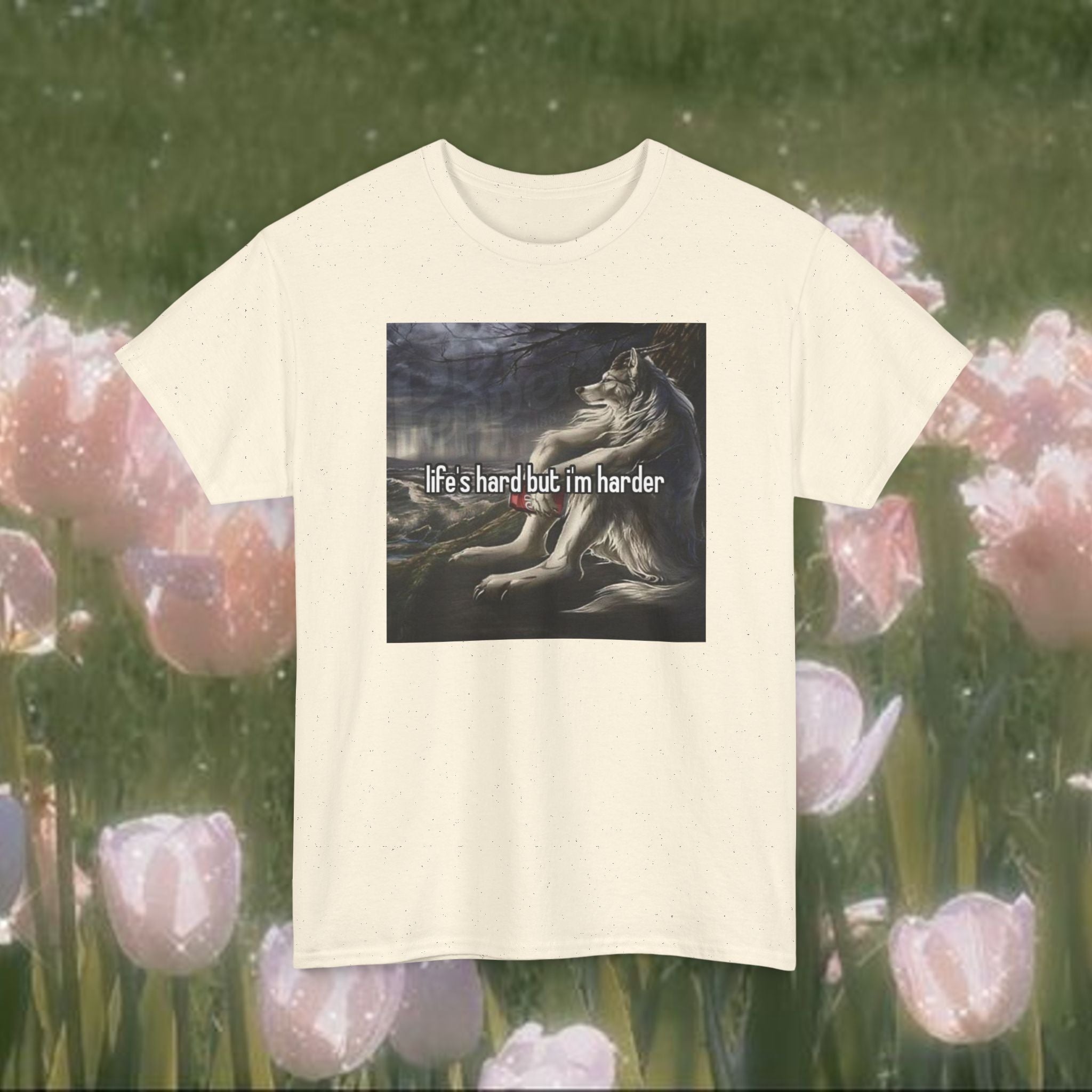 Life’s Hard But I’m Harder Meme T-Shirt – Funny Wolf Graphic Tee, Dark Internet Humor Shirt, Unhinged Coquette Aesthetic Unisex Top