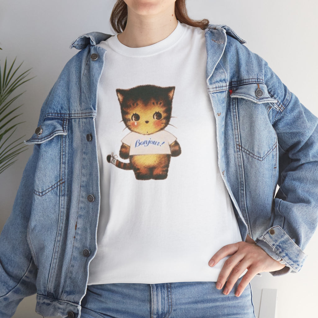 Cute Cat Graphic T Shirt, Bonjour French Inspired Cat Tee, Aesthetic Vintage Style Animal Shirt, 100% Cotton Casual Top, Gift for Cat Lovers