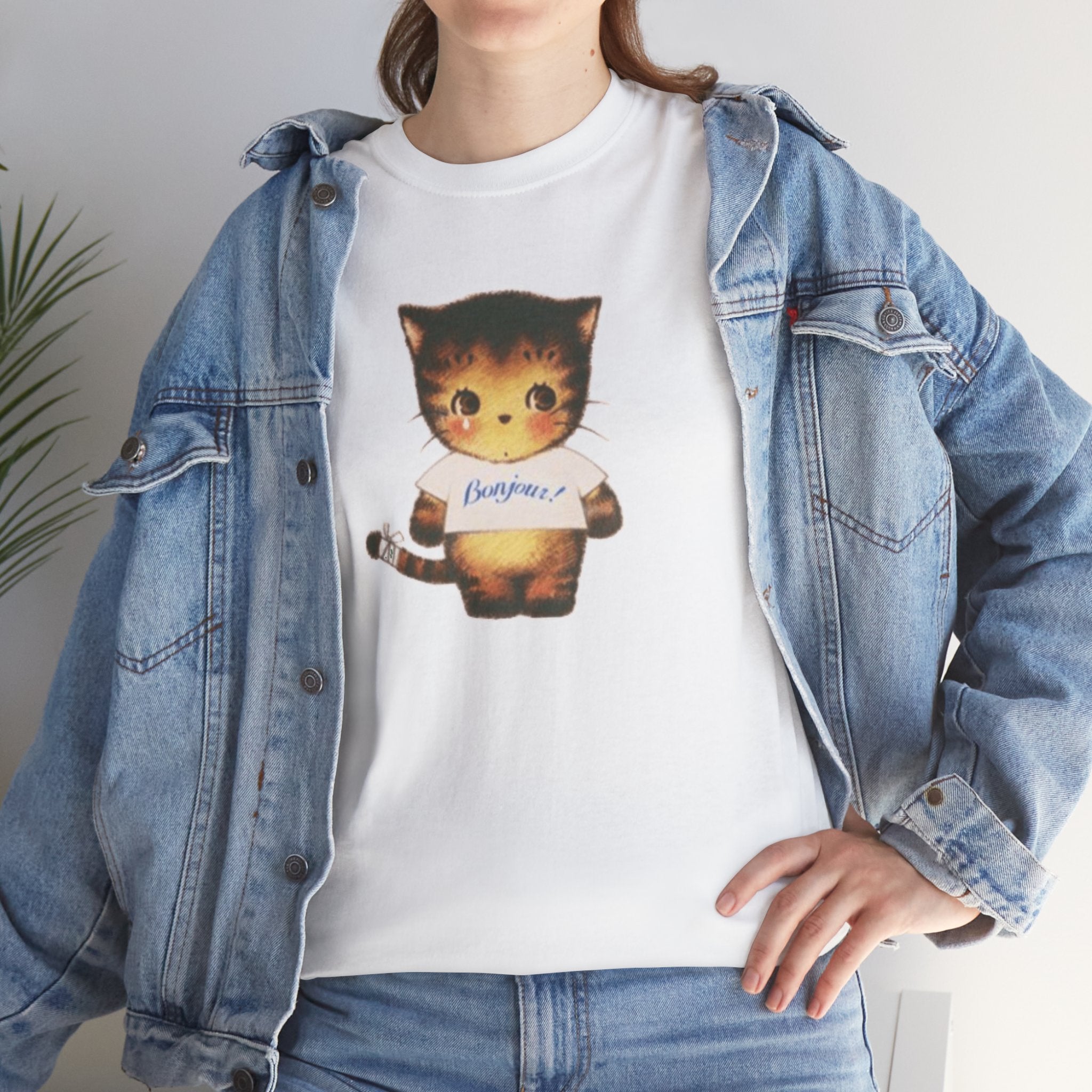 Cute Cat Graphic T Shirt, Bonjour French Inspired Cat Tee, Aesthetic Vintage Style Animal Shirt, 100% Cotton Casual Top, Gift for Cat Lovers