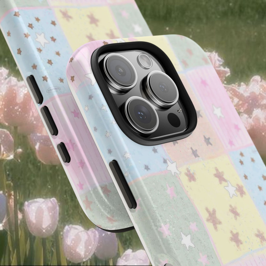 Pastel Star Patchwork iPhone Case, Cute Dreamy Quilt Style Phone Cover with Soft Rainbow Squares, Slim Protective Glossy Case, Cozy Aesthetic Phone Accessory