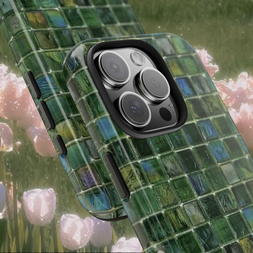 Green Mosaic iPhone Case, Glossy Tile Pattern Phone Cover with Deep Emerald Tones, Slim Protective Case, Modern Aesthetic Phone Accessory