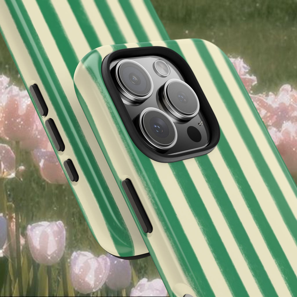 Green Striped iPhone Case, Cute Aesthetic Phone Cover with Vintage Style Stripes, Slim Protective Glossy Case for Everyday Use, Minimalist Trendy Phone Accessory