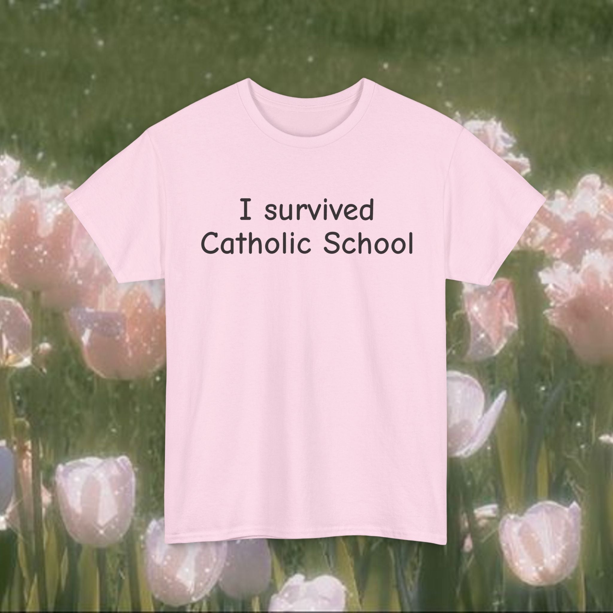 I Survived Catholic School T-Shirt | Funny Minimal Text Tee | Unisex 100% Cotton Graphic Shirt