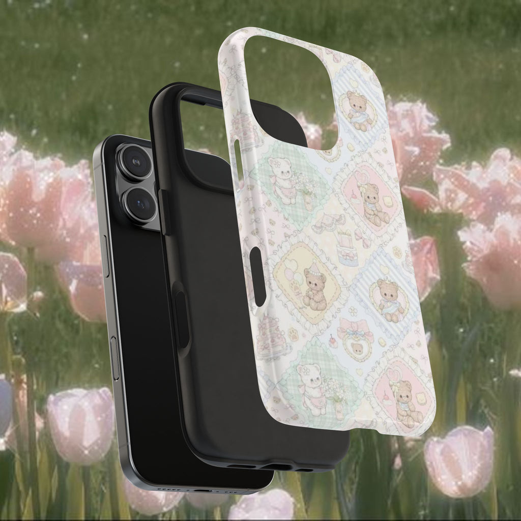 Pastel Teddy Bear iPhone Case – Cute Kawaii Patchwork Aesthetic Phone Cover, Soft Vintage Toy Pattern Protective Case