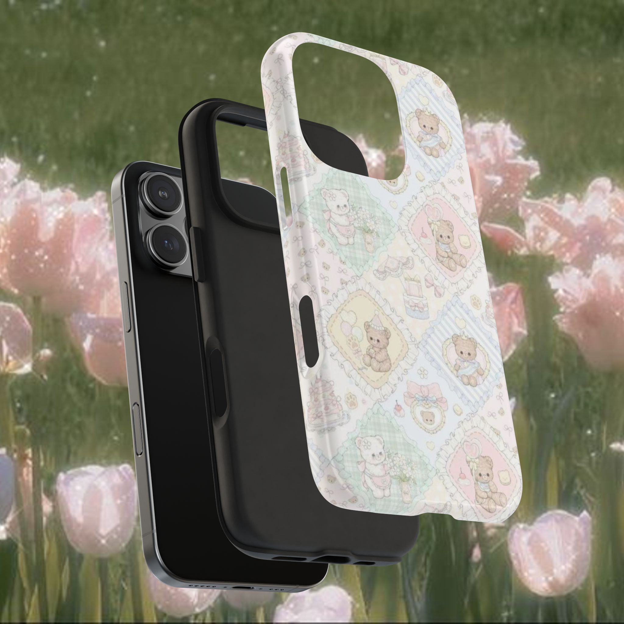 Pastel Teddy Bear iPhone Case – Cute Kawaii Patchwork Aesthetic Phone Cover, Soft Vintage Toy Pattern Protective Case