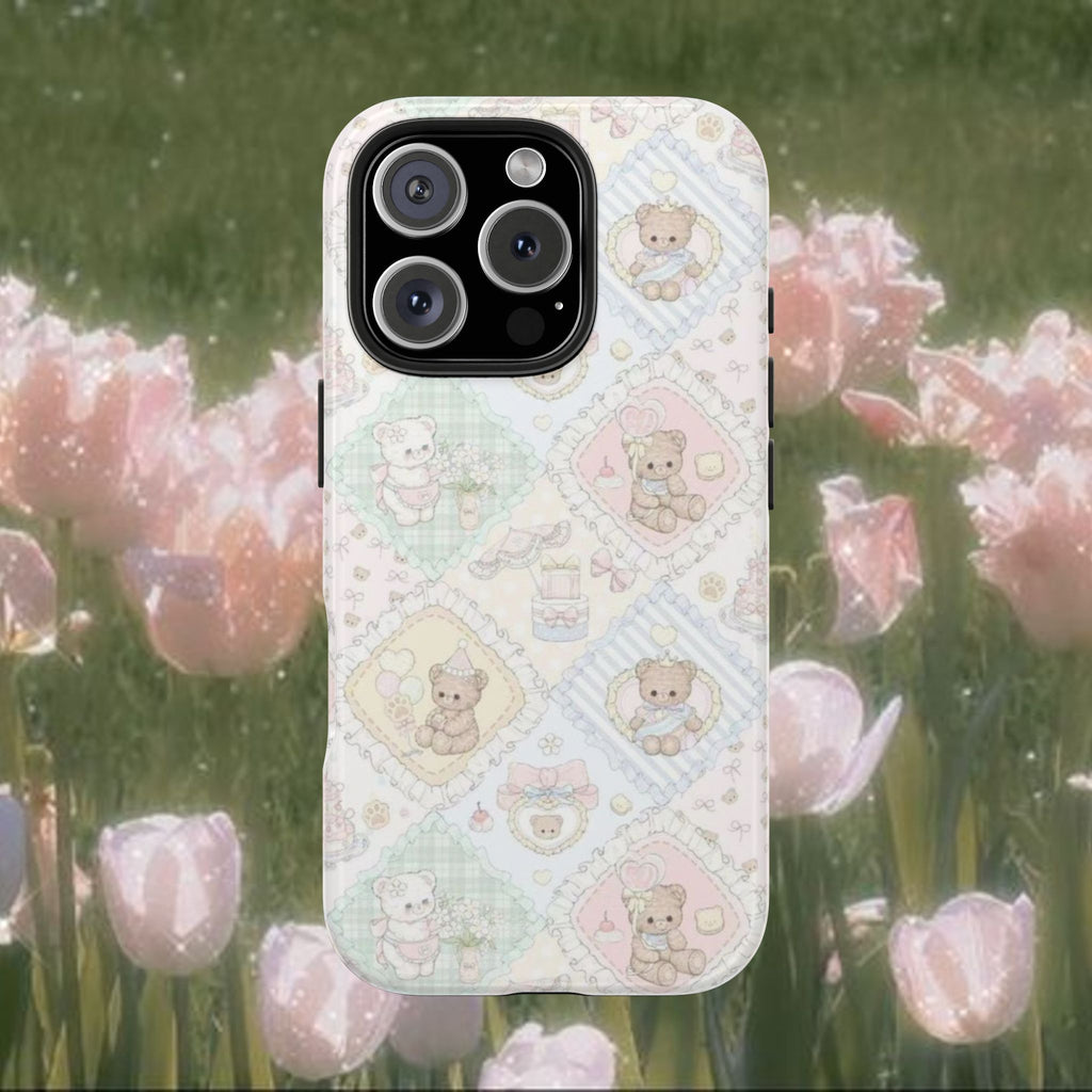 Pastel Teddy Bear iPhone Case – Cute Kawaii Patchwork Aesthetic Phone Cover, Soft Vintage Toy Pattern Protective Case
