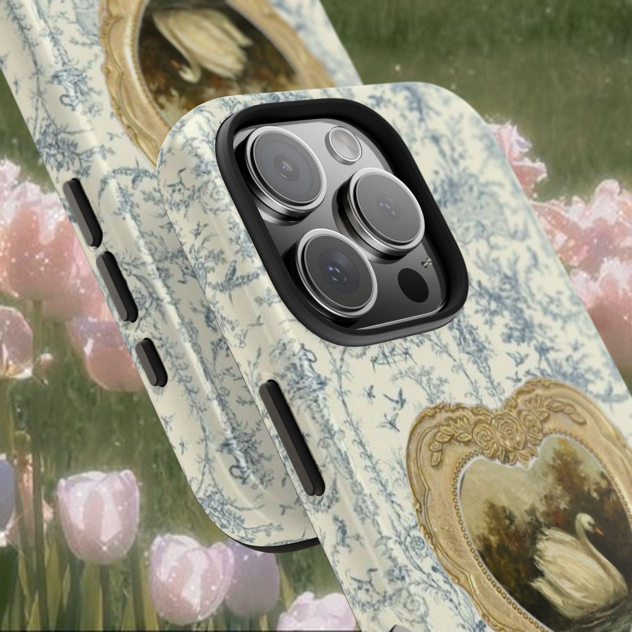 Vintage Swan Heart iPhone Case – Romantic Toile Floral Aesthetic Phone Cover, Cottagecore Blue Porcelain Style Protective Case