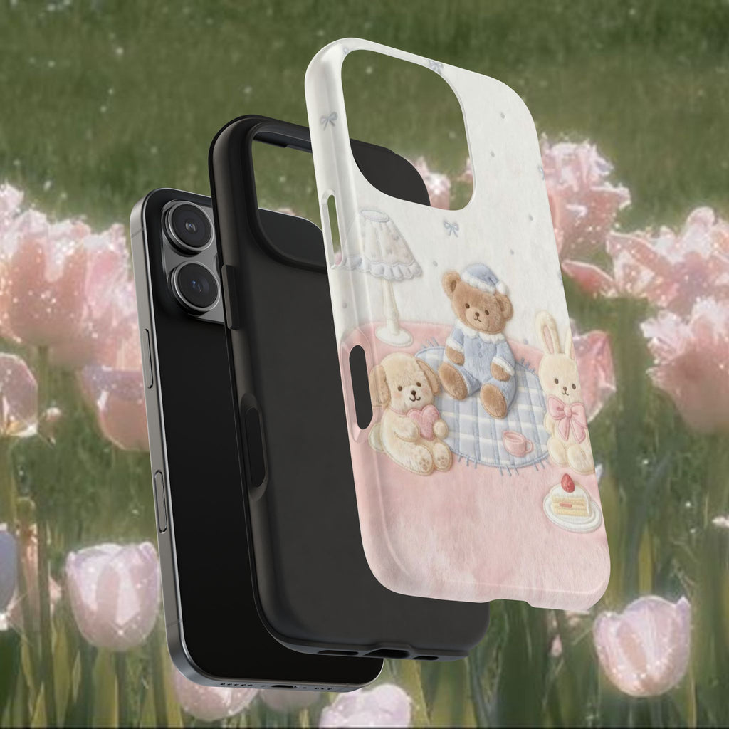 Pastel Teddy Picnic iPhone Case – Cute Kawaii Bear & Bunny Aesthetic Phone Cover, Soft Vintage Nursery Style Protective Case