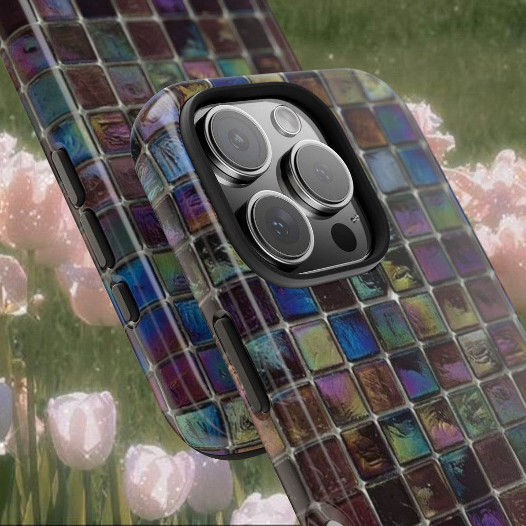 Iridescent Mosaic iPhone Case, Colorful Tile Pattern Phone Cover with Glossy Finish, Slim Protective Case, Modern Aesthetic Phone Accessory