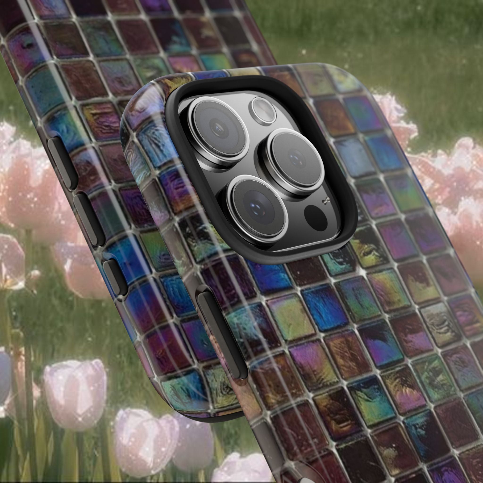 Iridescent Mosaic iPhone Case, Colorful Tile Pattern Phone Cover with Glossy Finish, Slim Protective Case, Modern Aesthetic Phone Accessory