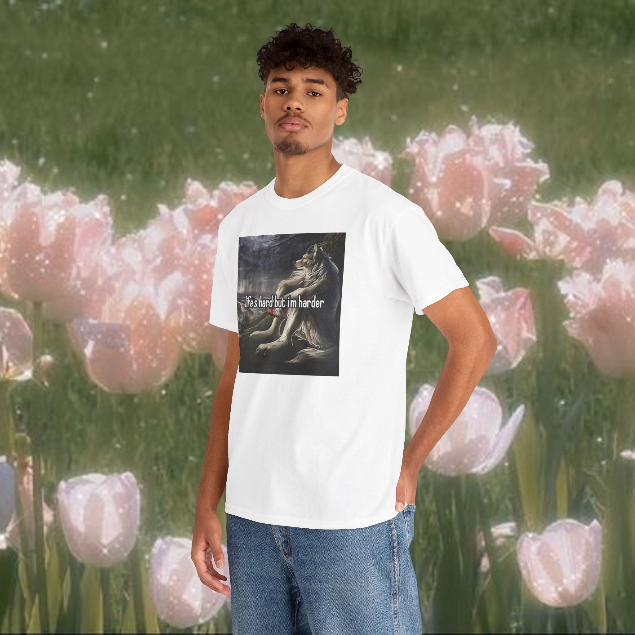 Life’s Hard But I’m Harder Meme T-Shirt – Funny Wolf Graphic Tee, Dark Internet Humor Shirt, Unhinged Coquette Aesthetic Unisex Top